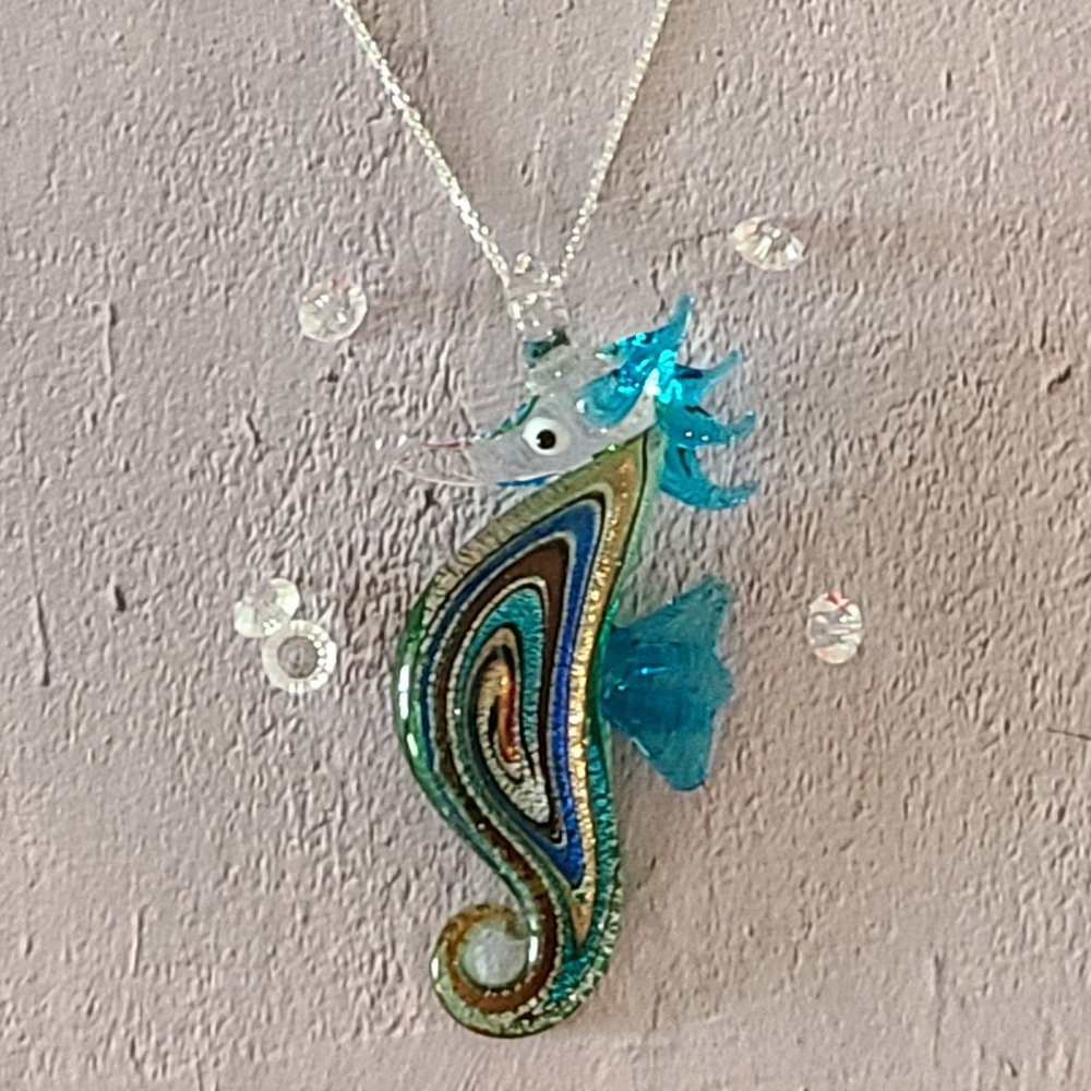 Multicolored Glass Seahorse on a Silver Chain